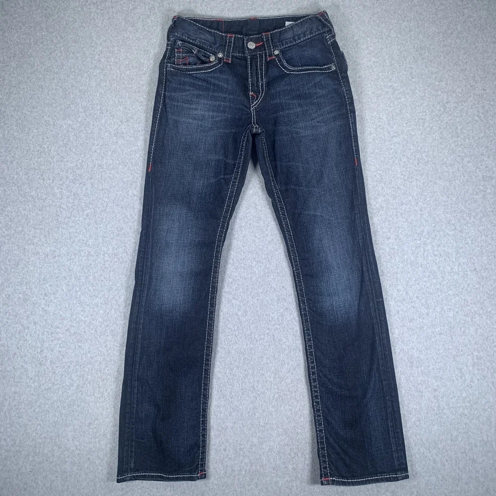 True Religion Straight Flap Jeans Mens 29 Dark Wash Big T Stitch